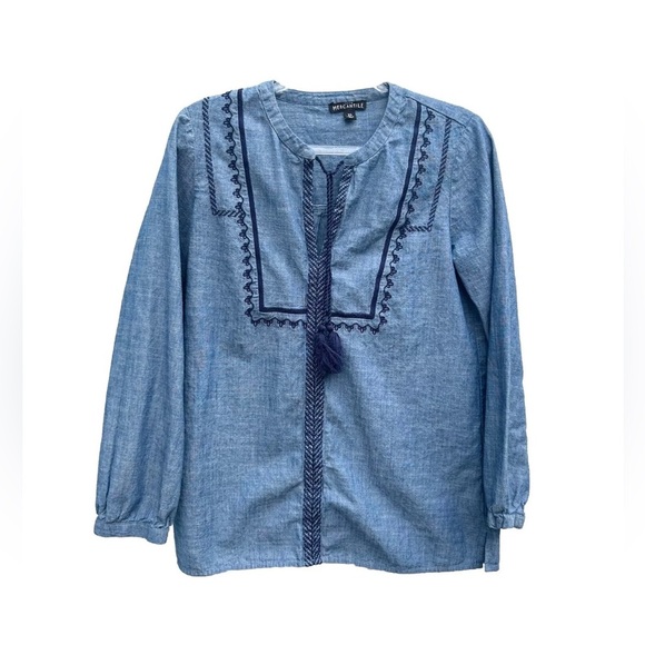 J crew Mercantile peasant top XS chambray embroidered blue denim tassel boho - Picture 1 of 10